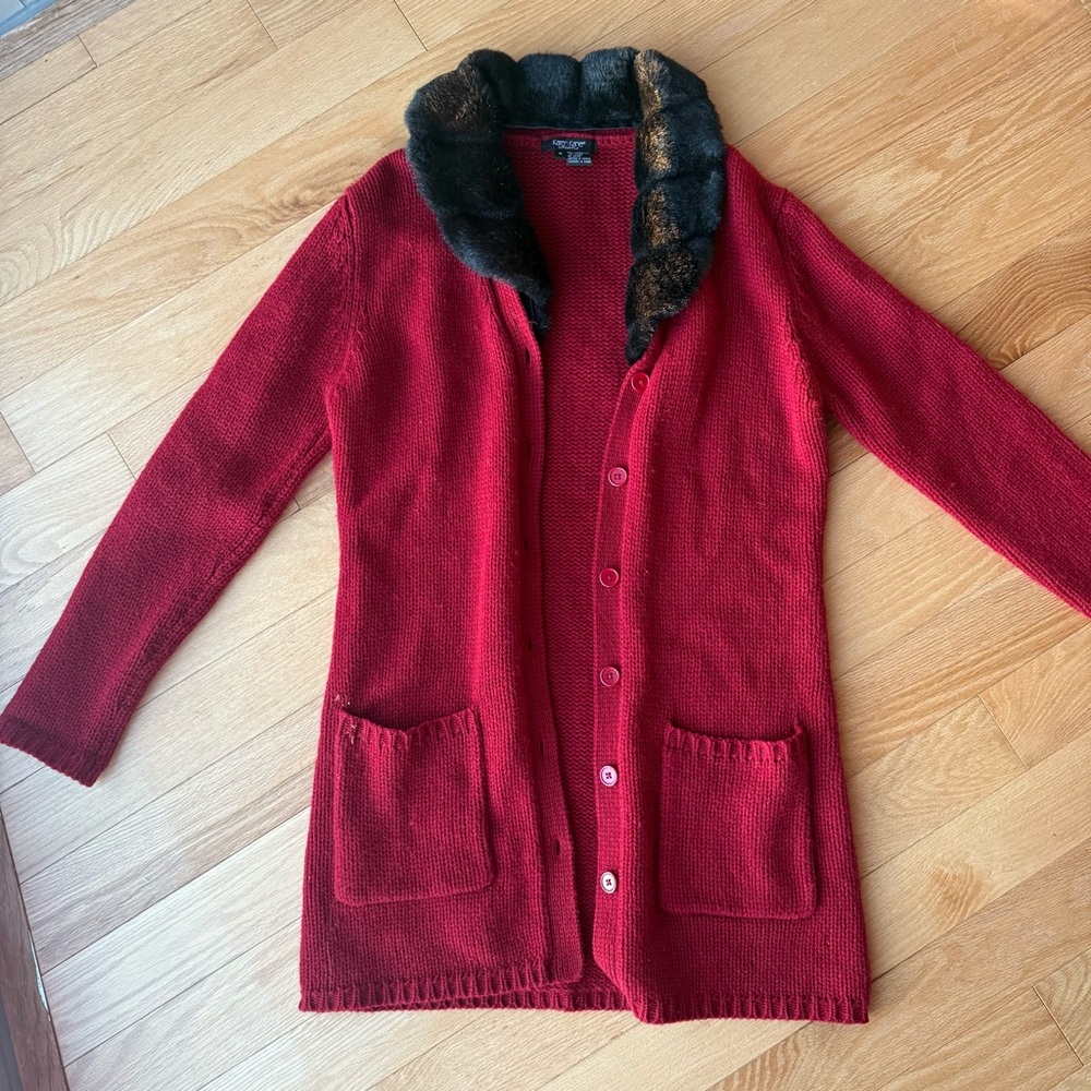 Karen Kane Red Cardigan with Faux Fur Collar